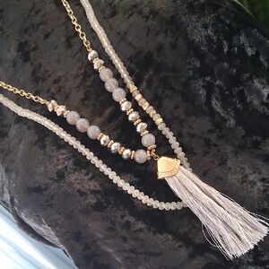 Blue ,gold, Gray Sea Glass And Crystal  Beaded Necklace With 34 In. Long Tassel